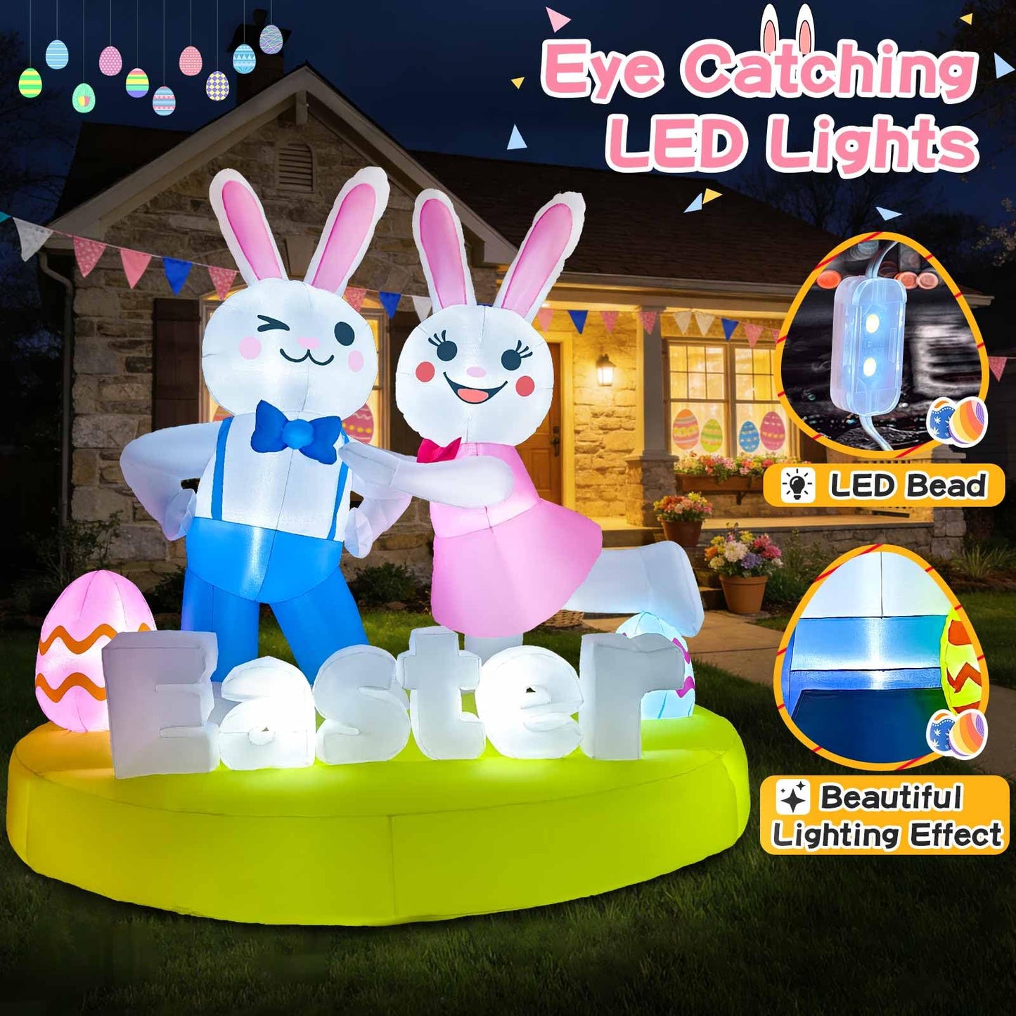 6FT Easter Inflatables Outdoor Decoration Inflatable Bunny Lover Dancing Built in LED Lights Bunny Blow Up Yard Decoration for Lawn Garden Holiday Party(with Storage Bag)