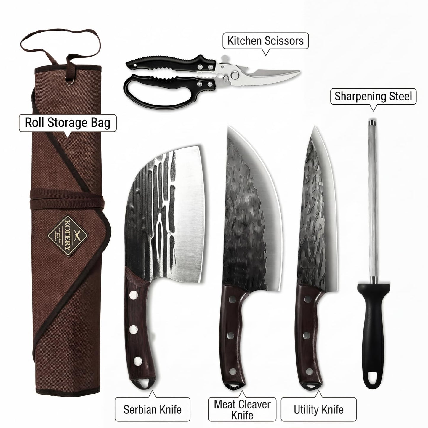 KOFERY Hand Forged Butcher Knife Set with Full Tang Damascus Steel for Pit Master BBQ, Smoking Meat and Meat Carving, Including Roll Bag, Shears and Sharpener for Outdoor Camping Gifts for Men