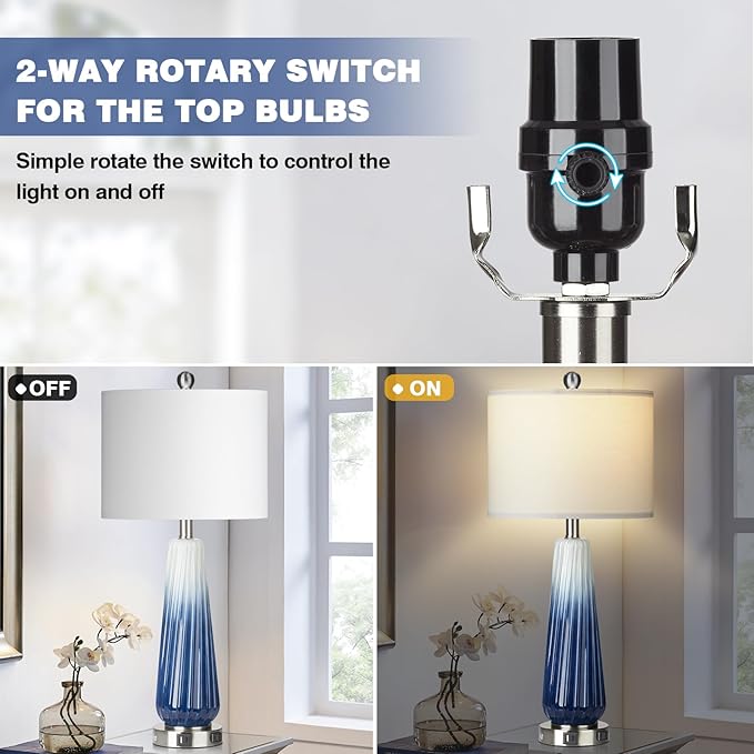 28" Glass Table Lamp Set of 2, Modern Table Lamps with USB A+C Ports & AC Outlet, Touch Control Bedside Nightstand Lamp with LED Night Light & White Fabric Shade for Living Room Blue(4 Bulbs Included)