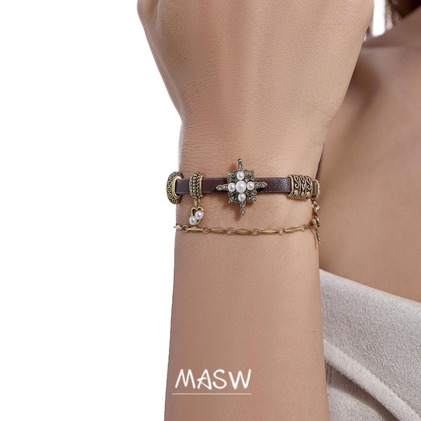 MASW Original design Retro style Fashion Boho Multi-Layer bracelet Brown leather Star Gothic bracelet for women gift M2593001