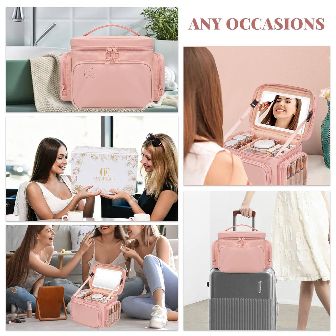 Large Makeup Bag with LED Mirror, Travel Makeup Bag Organizer for Women Girls with Makeup Brush Compartment & Two Side Pockets, 3 Color Lights Cosmetic Toiletry Bag- Leather Pink