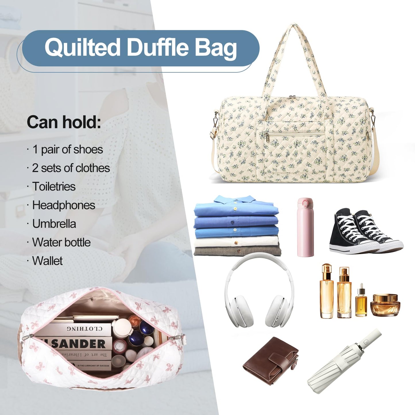 Gym Bag for Women, Cute Duffle Bag, Quilted Duffle Bag for Travel, Floral Duffle Bags, Weekend Bag with Zipper Pocket Dance Bag Organizer