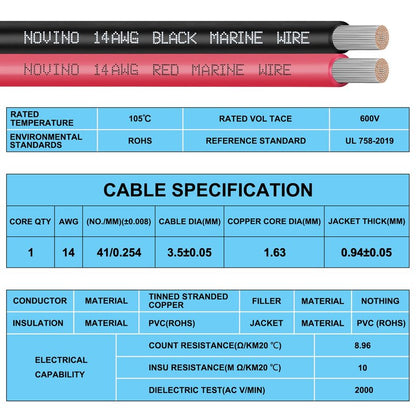 14 Gauge Marine Wire 14 AWG Marine Grade Wire Include 14 Gauge 30FT Red & 30FT Black,14AWG Oxygen-Free Tinned Copper Electrical Cable for Automotive Boat Outdoor RV Camper