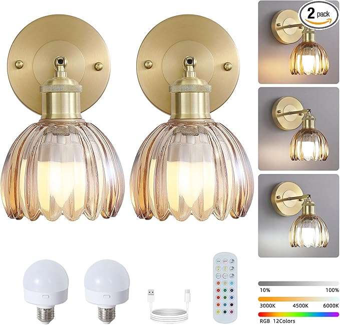 Vintage Battery Operated Wireless Wall Sconces, Rechargeable Gold Wall Lights，Amber Tulip Glass Lampshade With Remote Dimmable Wall Lighting Indoor, Led Wall Lamp Fixtures For Bedroom, Living Room