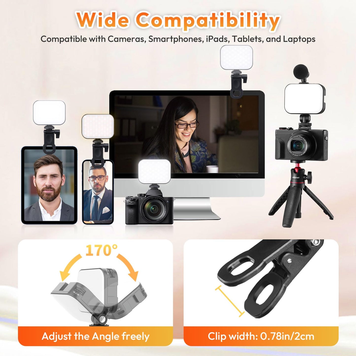 Ulanzi VL100X Selfie Light, Clip LED Light Panel for Phone/Laptop/Tablet/Computer, Bi-Color Portable Clip Camera Light with Dimmable 2500-6500K with 2000mAh Battery for Video Conference/Picture