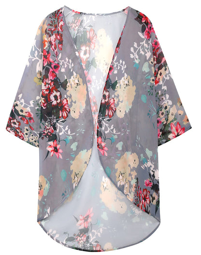 Women's Floral Print Puff Sleeve Kimono Cardigan Loose Cover Up Casual Blouse Tops (Dark Grey, S)