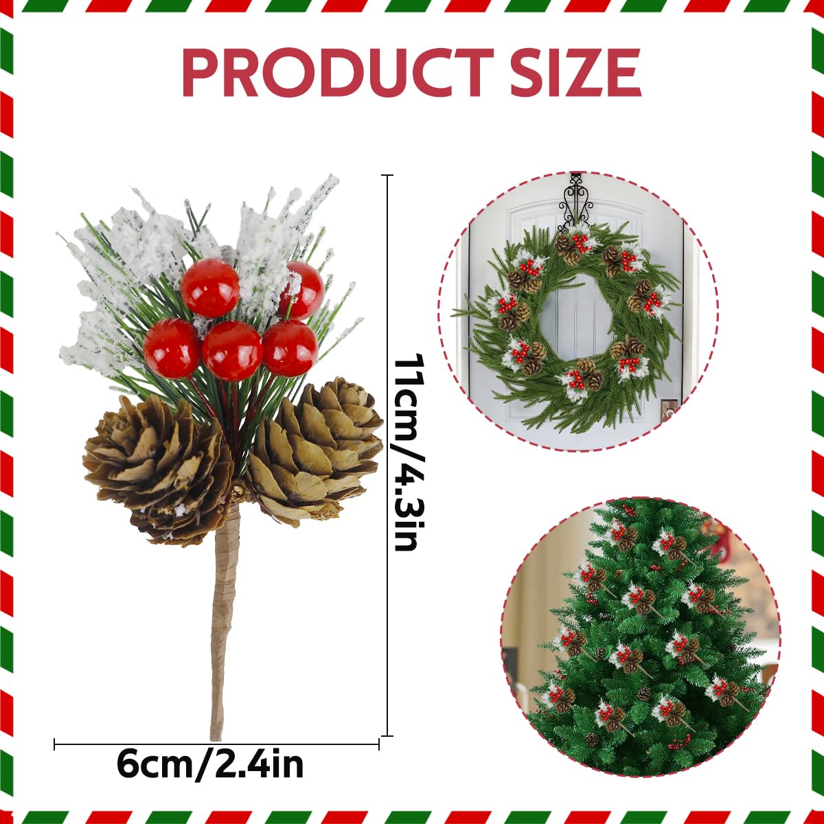 CXLHO 20PCS Christmas Floral Picks, Artificial Christmas Tree Picks and Sprays, Faux Cedar Pine Needles Branches with Red Berry Stems and Pine Cones for Crafts DIY Garland Holiday Wreath