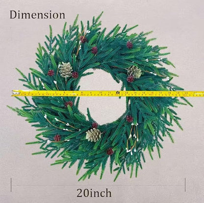 20 Inch Christmas Wreath for Front Door, Artificial Realistic Green Pine with Gold Pinecone, Door Wall Window Fireplace Party Decor