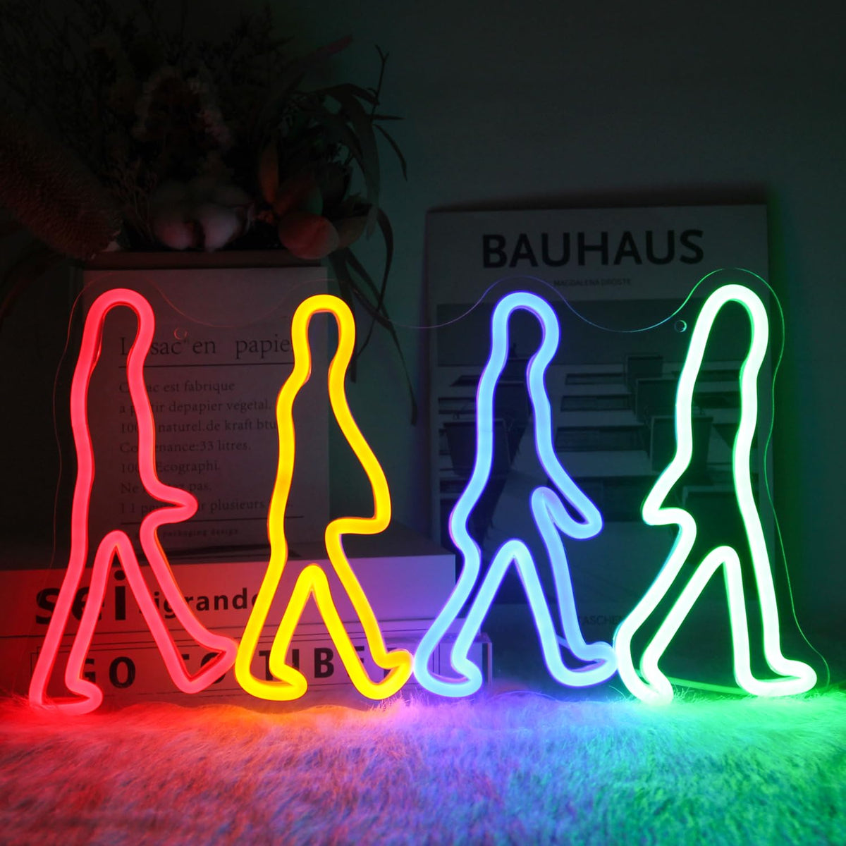 Rock Band Neon Sign Four People Walking Neon Lights for Bedroom Music LED Sign Abbey Road Wall Art Light Up Sign for Game Room Man Cave Decor Rock Music Fans Gifts