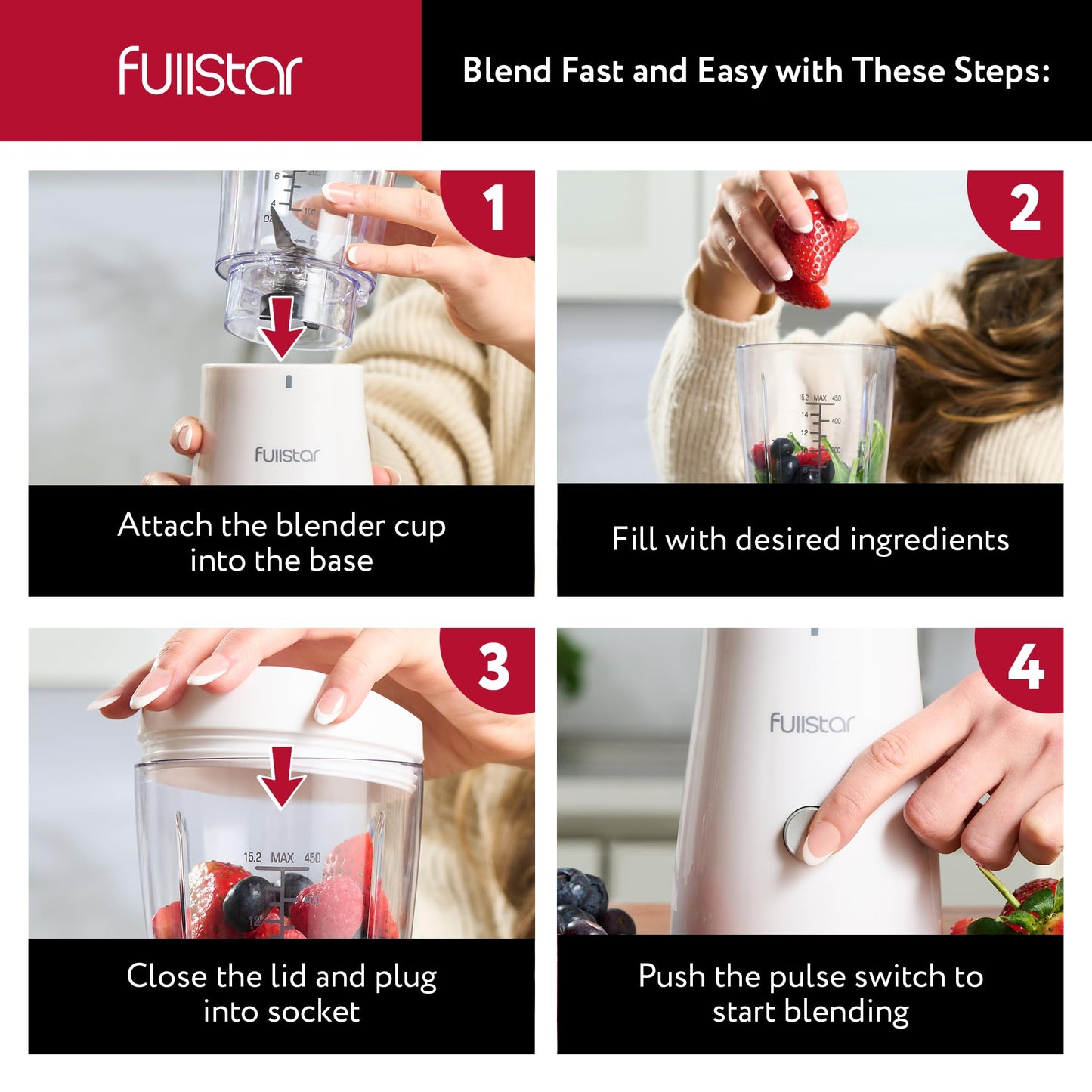 Fullstar Portable Blender for Smoothies and Shakes – 15 oz Mini Personal Travel Blender with Sipper Lid, Compact Smoothie Maker for Office, Home, and Kitchen (White)
