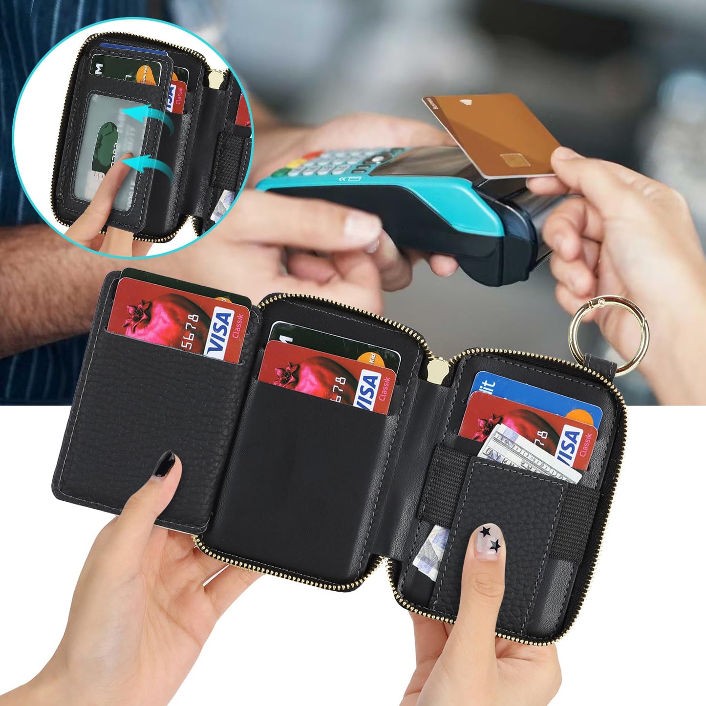 Cavor Compatible with MagSafe Wallet Genuine Leather Cash Wallets for Women, Magnetic Phone Wallet for iPhone 17 Pro Max/16/15/14/13/12, id Credit Card Holder with Mag safe Keychain-Black