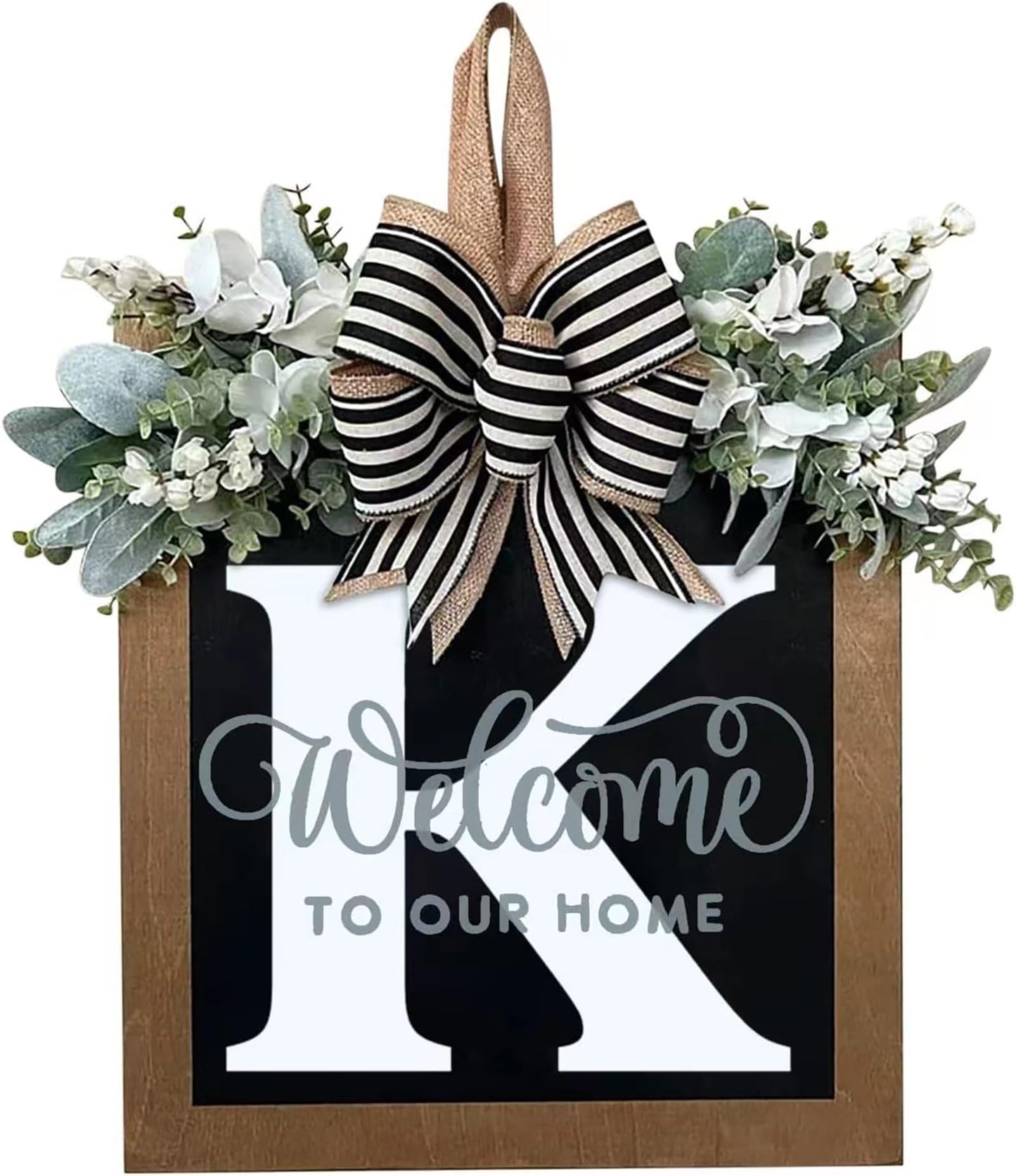 Last Name All Year Round Front Door Wreath with 26 Initial Letter Welcome Sign All Seasons Eucalyptus Garland and Bow ，Farmhouse, Porch, for Spring Summer Fall All Seasons Holiday Halloween Christmas.（K）