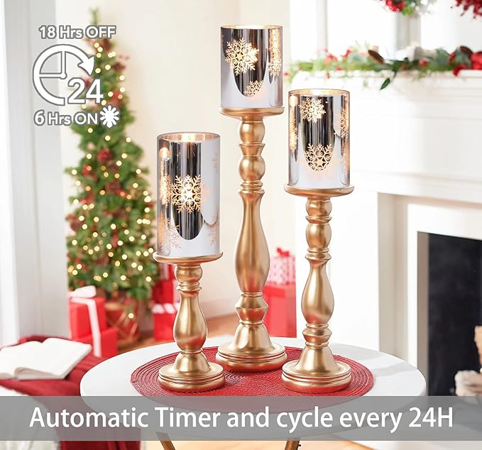 Christmas Flameless Candles Snowflake Electroplate Glass Candle Battery Candle with Timer Remote Realistic Pillar Candle for Xmas Home Decor Holiday Set of 3