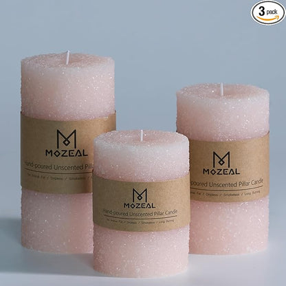 MOZEAL Hand-Poured Granular Texture Decorative Pearl Blush Pillar Candles Set of 3 (3"x4", 5", 6"),Approx 300 Hours Burn Time Dripless, Unscented, Smokeless, Spring Party Decor Candle Lover Gift