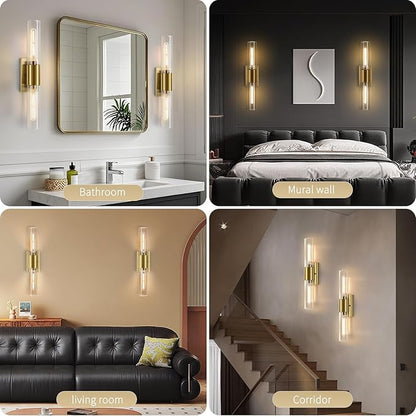 21" Gold Wall Sconces Set of Two, 2-Light Bathroom Sconces Vanity Light Tube Sconce, Clear Glass Indoor Hardwired Mounted Wall Lighting for Living Room,Bedroom,Hallway-Gold Clear (Bulb Not Included)