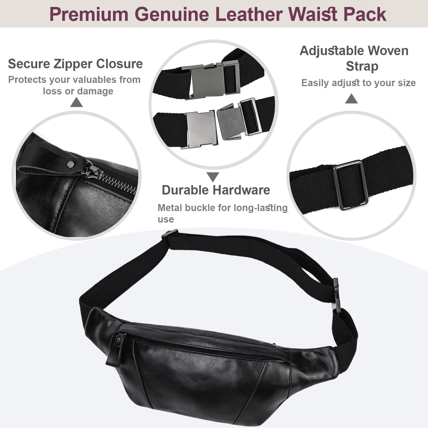 Yevabo Genuine Leather Waist Bag for Men Women, Fanny Pack with Multi-Pockets, Adjustable Strap for Travel, Hiking & Daily Use, Black