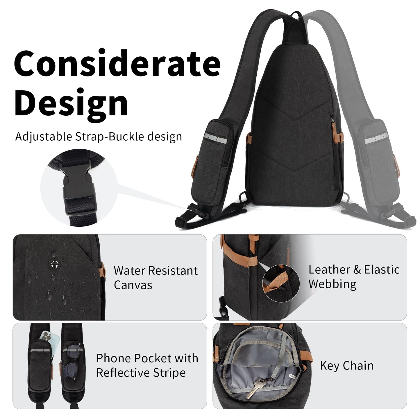 OSOCE Sling Bag for Men, Anti Theft Crossbody with Tunnel Lock, Waterproof Canvas Shoulder Backpack for Travel Hiking Daily