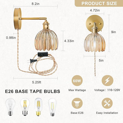 Plug in Wall Sconces Set of 2, Vintage Wall Sconce Light with Tulip Amber Glass Lampshade, 180° Adjustable Wall Sconce with Switch and Plug in Wall Lamp Cord, Gold Wall Light Decor Set of 2