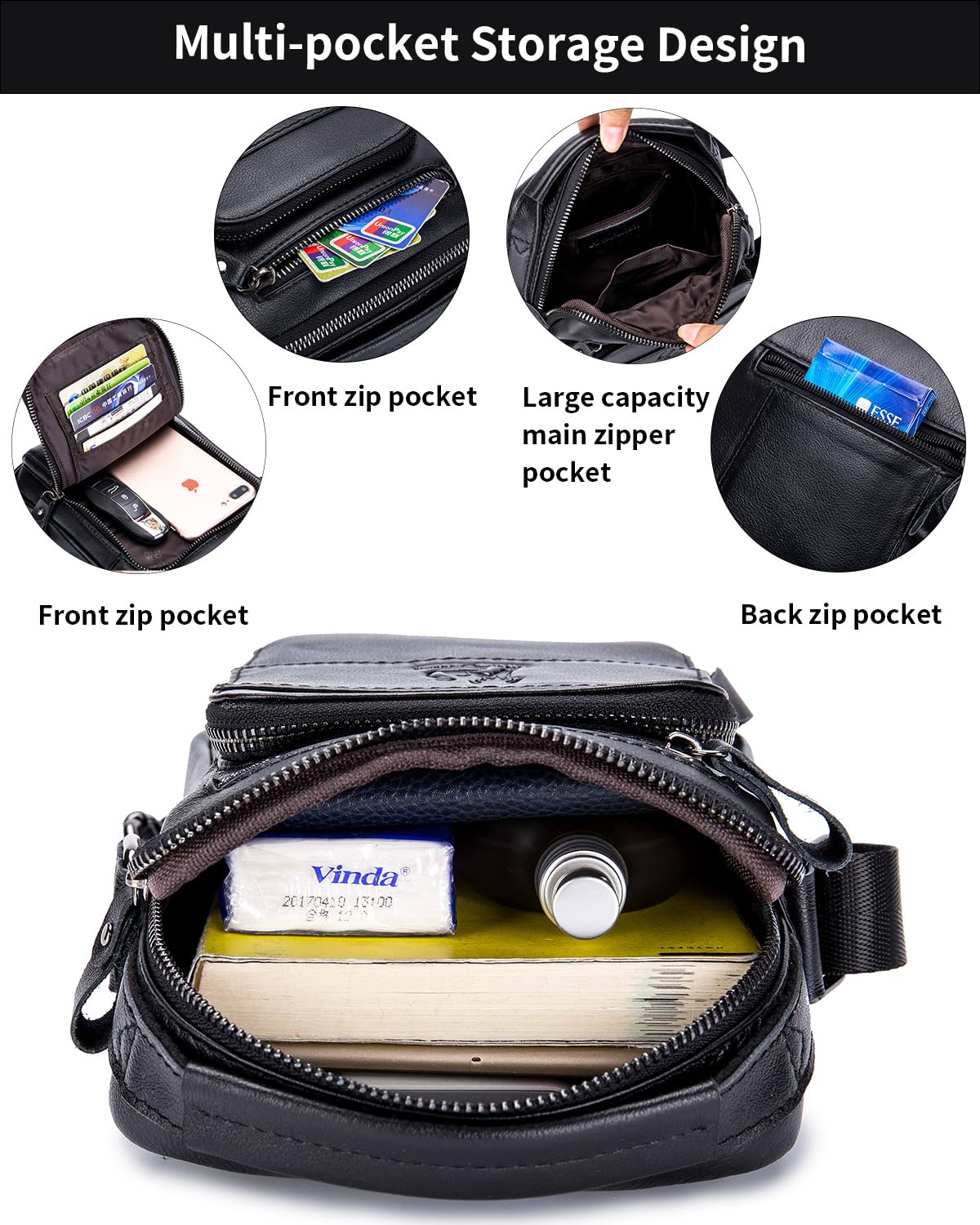STEELLION Men's Vinatge Leather Crossbody:Compact with Organized Pockets,Stylish & Functional for Everyday Carry (black)