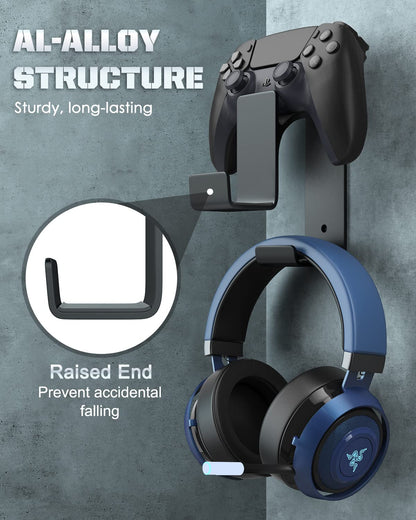 MoKo Controller Holder, Dual Gamepad Controller & Headphone Hanger for Xbox One, Xbox 360, PS3, PS4, PS5, PC, STEAM, Switch/Switch 2, Wall Mount Stand for All Universal Headsets, Black