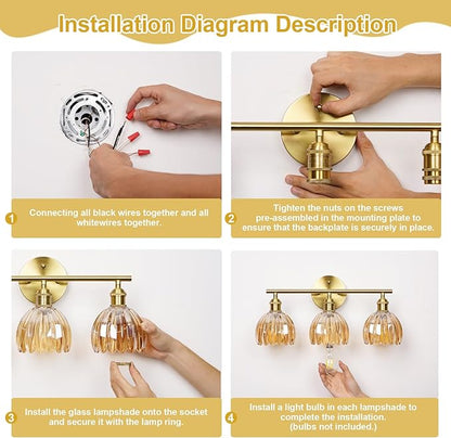 Vintage Bathroom Light Fixtures,3-Light Hardwired Vanity Lights Over Mirror,Gold Wall Sconces with Clear Tulip Glass Shade for Bathroom Living Room,E26 Socket(Bulbs Not Included)
