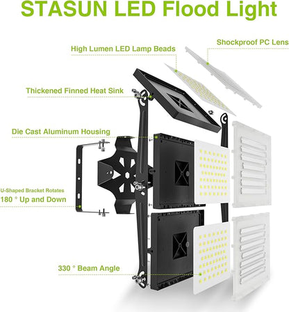 LED Flood Light Outdoor, STASUN 480W 48000lm 6000K Daylight White IP66 Waterproof, Commercial Parking Lot Light,3 Heads for Yard Street Stadium House Floodlight Bright Security Lights for Outdoor Area