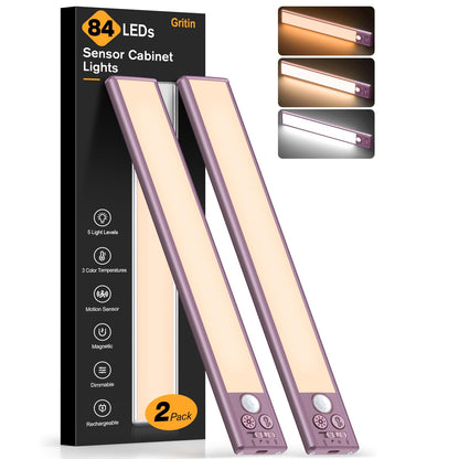 Gritin 10.2inch Under Cabinet Lighting Rechargeable 2 Pack- 3 Color Temps&5 Level Brightness, Super Bright, 4 Modes, Motion Sensor, Long Lasting - Easy Installation Magnetic Under Closet Lights-Mauve