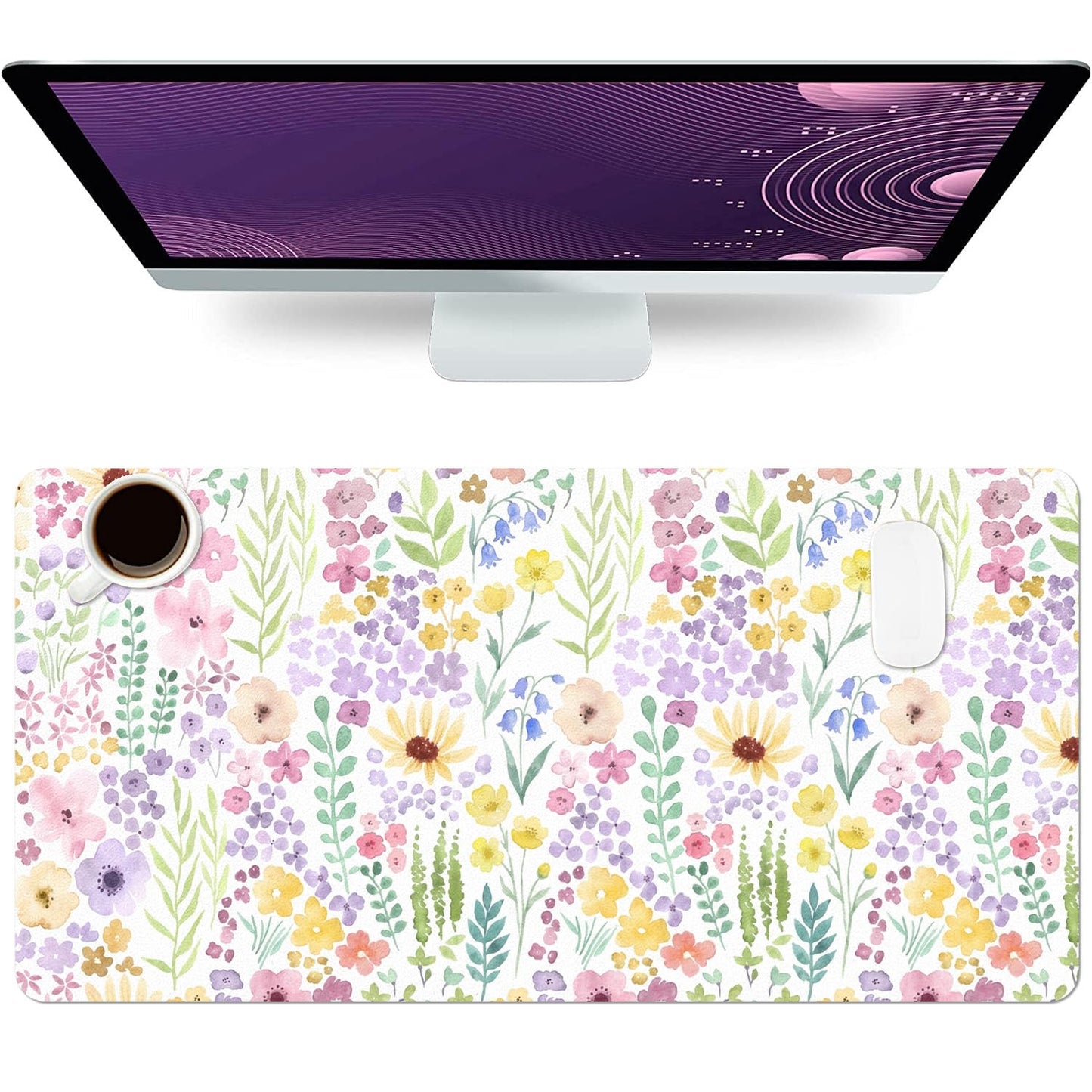 Flower Large Mouse Pad, Floral Desk Matt for Desktop, PU Leather Waterproof Desk Pad, Computer PC Laptop Protector Gaming Mouse Pads for Women Office Decor (31.5" x 15.7")