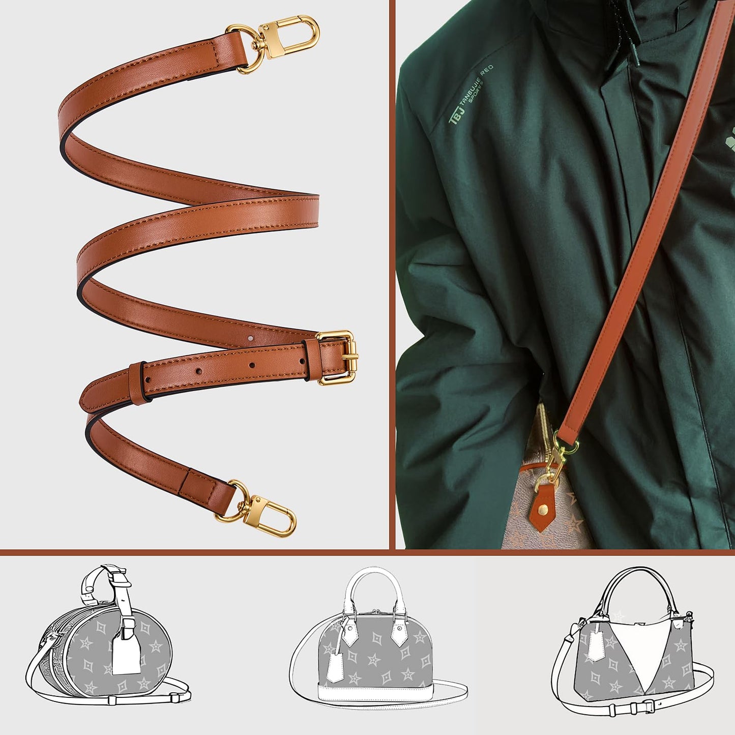 LWMYFZX Genuine Vachetta Leather Crossbody Strap | Adjustable Replacement Shoulder Strap for Handbags, Purses & Clutches (Brown)