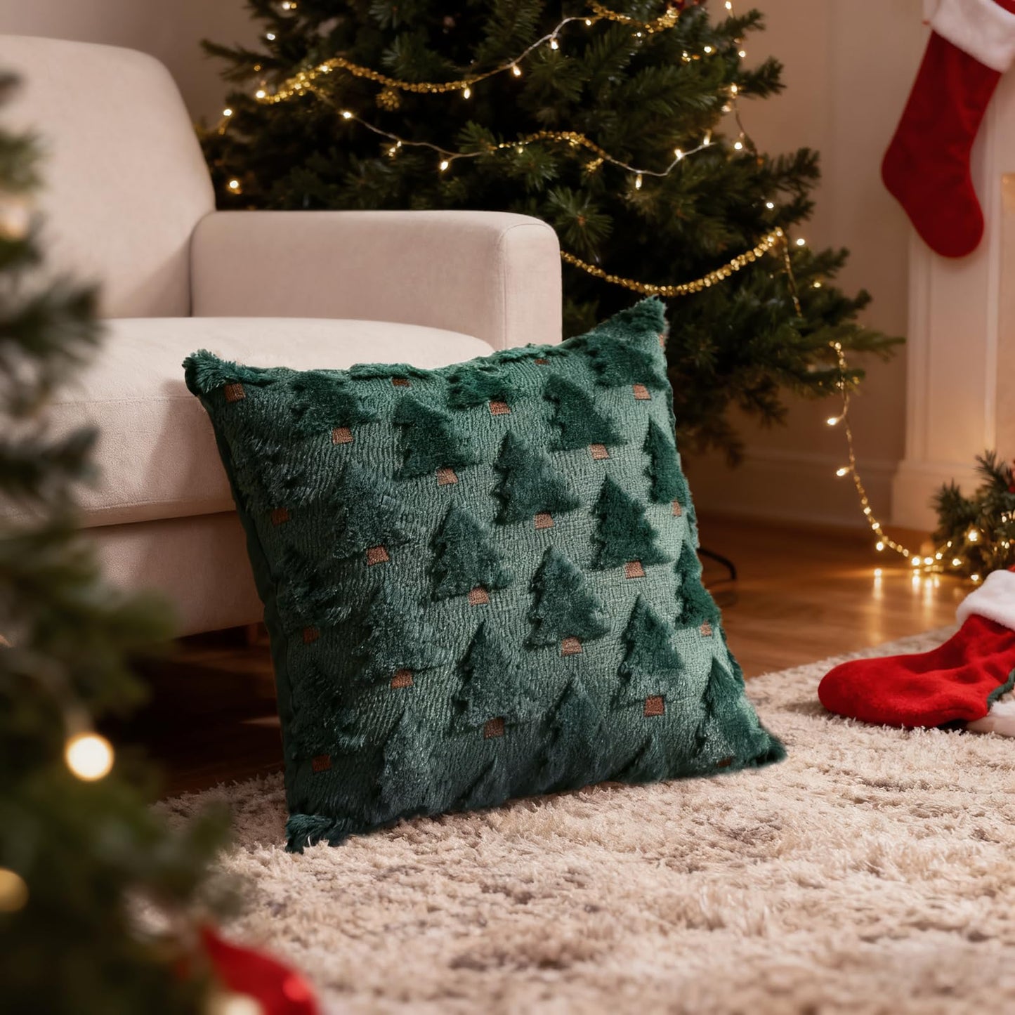 HDVUHKI Christmas Throw Pillow Covers 18x18 inch Set of 4, Beige and Green Xmas Tree Holiday Winter Living Room Soft Fluffy Plush Faux Fur Wool Decorations for Sofa Couch Bed