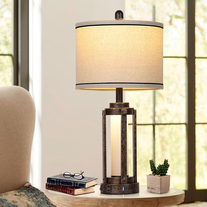 26" Farmhouse Table Lamps Set of 2, Vintage Rustic Industrial Beside Lamps with USB A+C Charging Ports & AC Outlet, Nightstand Lamp with Glass Night Light & Linen Fabric Shade for Living Room Bedrooms