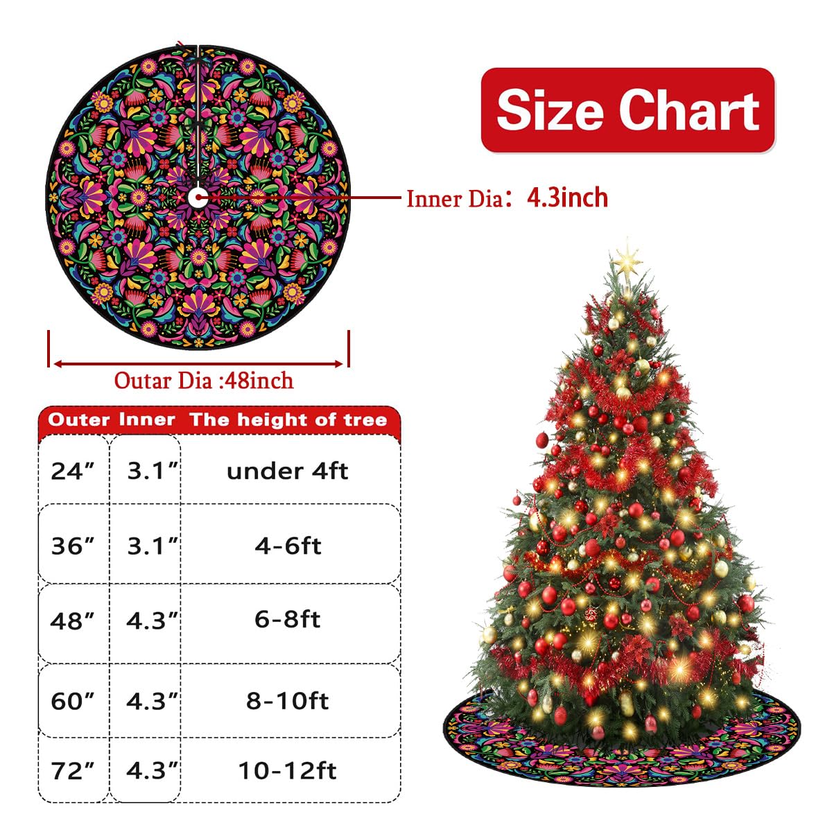 Mexican Christmas Tree Skirt 48 Inch Feliz Navidad Tree Collar Mexico Dahlia Tree Decor Mexican New Year Xmas Decor Christmas Decorations for Home Party