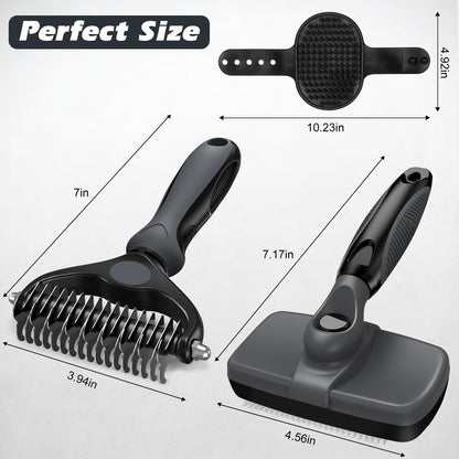 3PCS Self Cleaning Slicker Brush & Pet Grooming Rake & Bath Brush for Dogs and Cats | Double-Sided Dematting Pet Comb & Skin Friendly Deshedding Grooming Tool | Premium Pet Supplies（Gray Black)