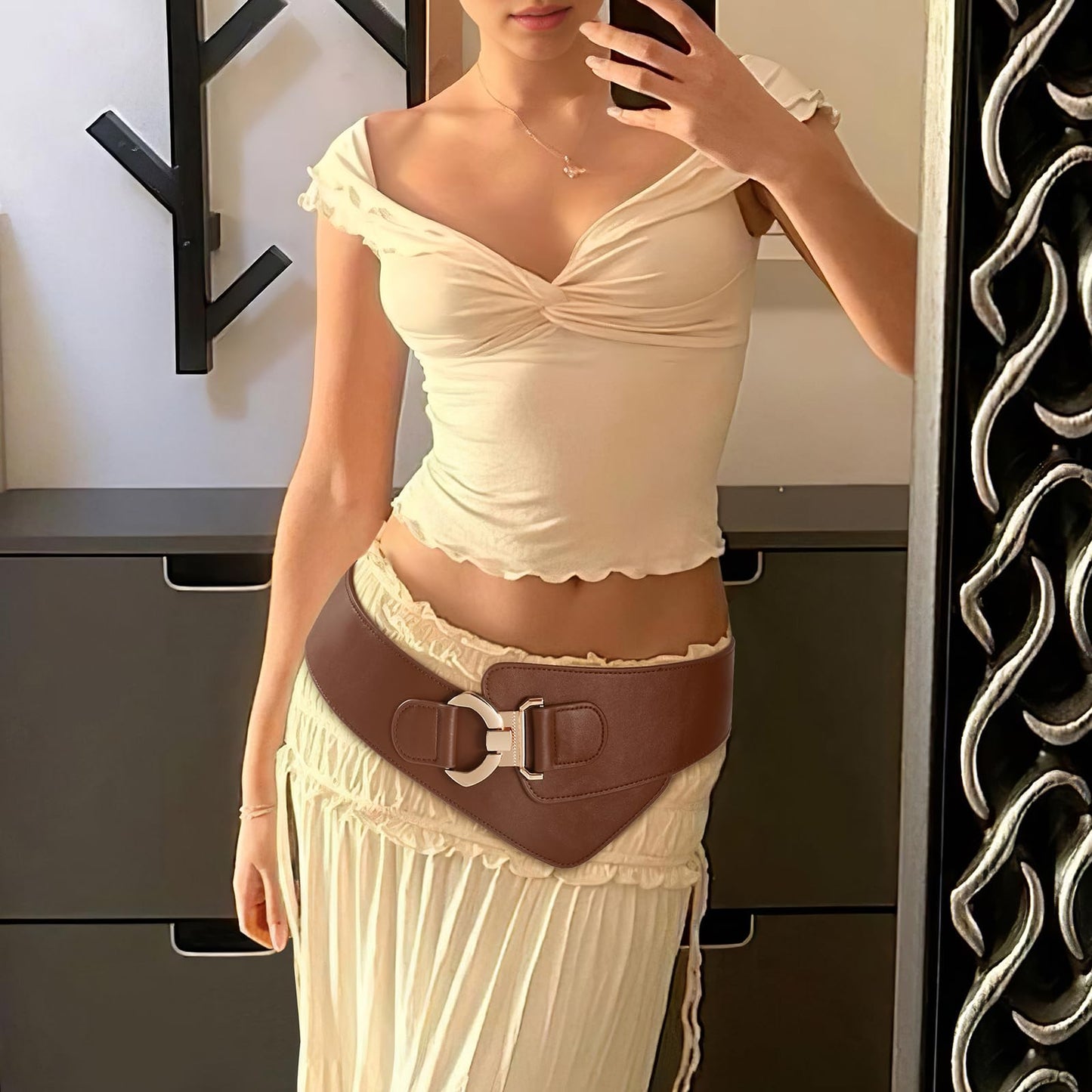 JASGOOD Women's Fashion Vintage Wide Elastic Stretch Waist Belt with Gold Interlock Buckle Halloween Belt (Brown,Suit Waist 36-42 Inch)