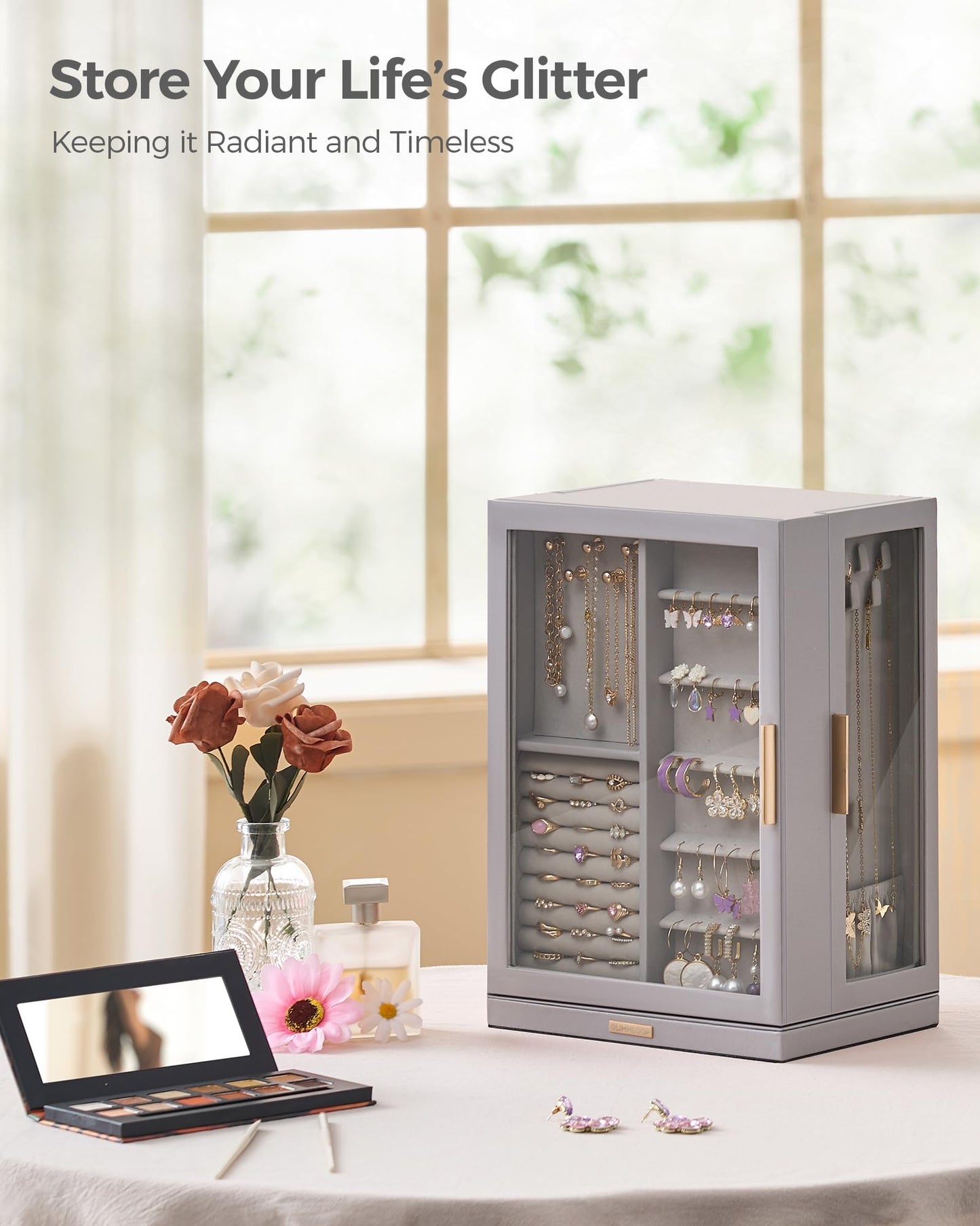 Glimmloop 360° Rotating Jewelry Box with 7 Drawers, Spacious Vertical Jewelry Organizer with Glass Window, Jewelry Storage Case, Dustproof & Moisture-resistant Design, Grey