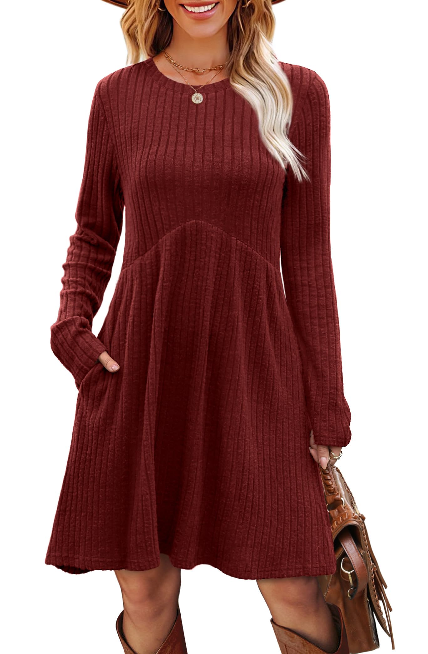 OFEEFAN Long Sleeve Dress for Women Crew Neck Empire Waist Tunic Dress with Pockets