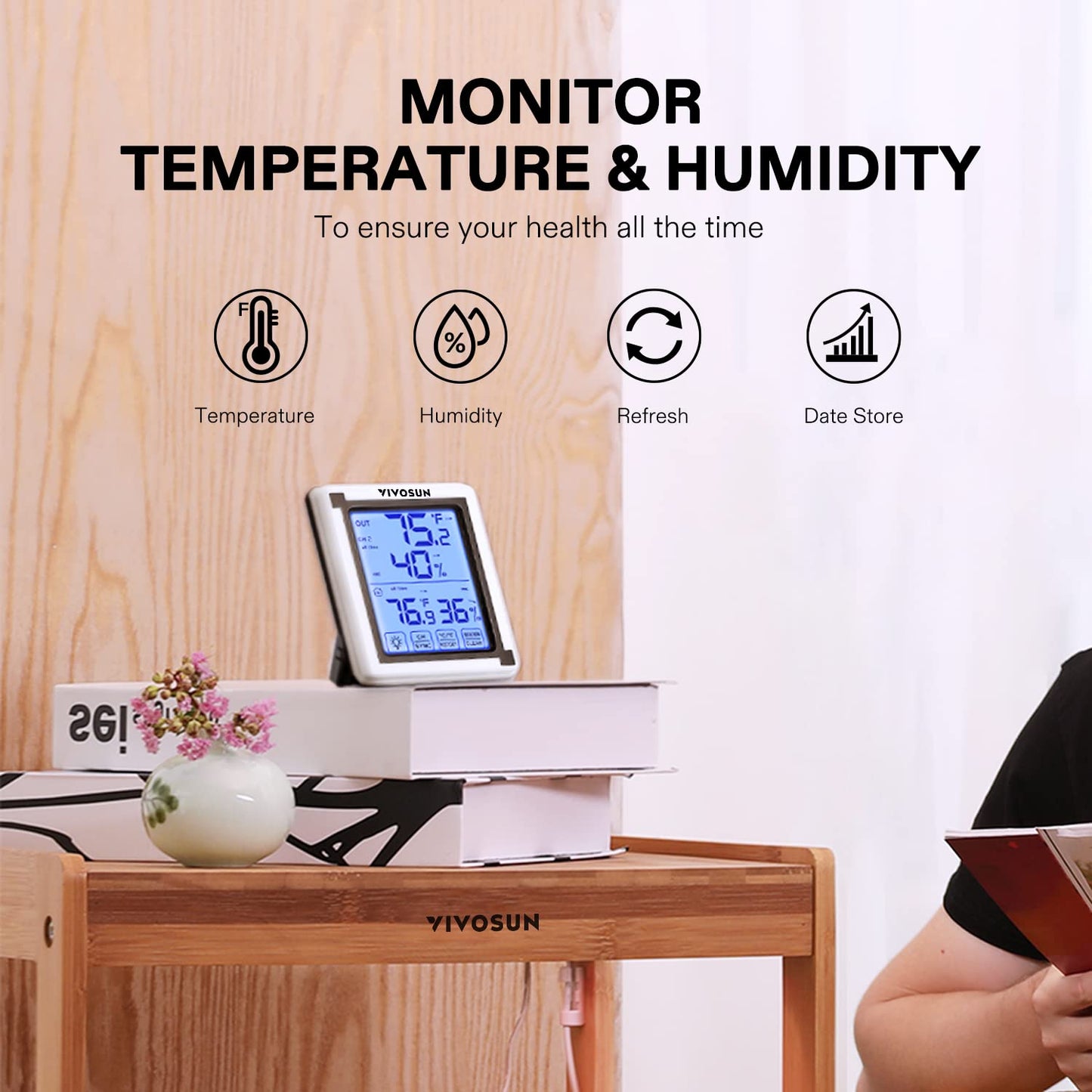VIVOSUN Indoor Outdoor Thermometer Wireless Digital Hygrometer Temperature and Humidity Monitor with Touchscreen LCD Backlight, 200ft/60m Range, Battery Included