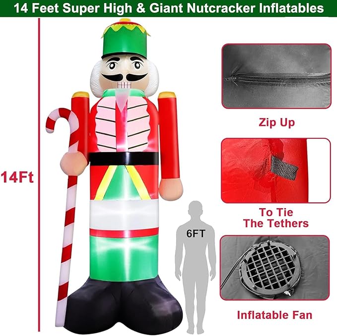 TURNMEON 14FT Giant Christmas Inflatables Nutcracker Soldier Outdoor Decorations Hold Candy Cane Inflatable Nutcracker Christmas Decorations Built-in LED Lights Blow Up Xmas Decor Outside Yard Lawn