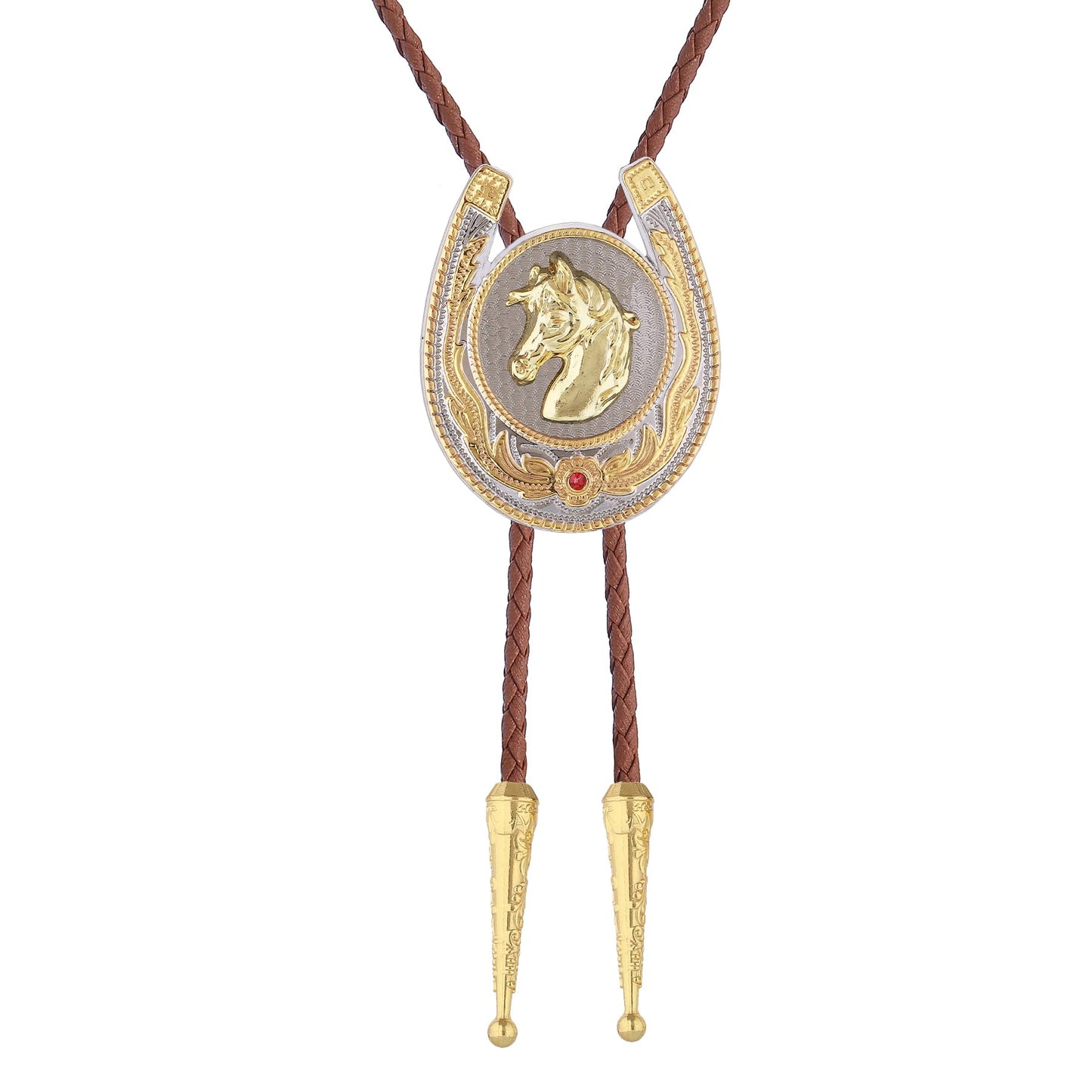 GelConnie Bolo Tie for Men Western Cowboy American Golden Horse Bolo Ties Brown Leather Western Costume Accessories
