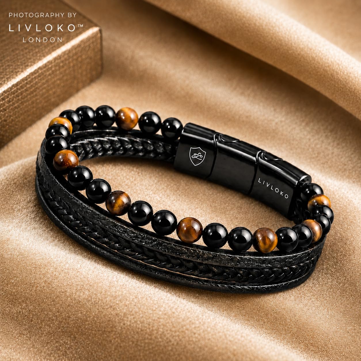 LIVLOKO LONDON Mens Bracelet Leather Black Multi-Layer Tiger Eye Stone Beads Magnetic Adjutable Steel Clasp Viking Rope Bands Surfer Man jewelry Wristband Male UK Jewellery Gift box Husband Boyfriend Dad Son