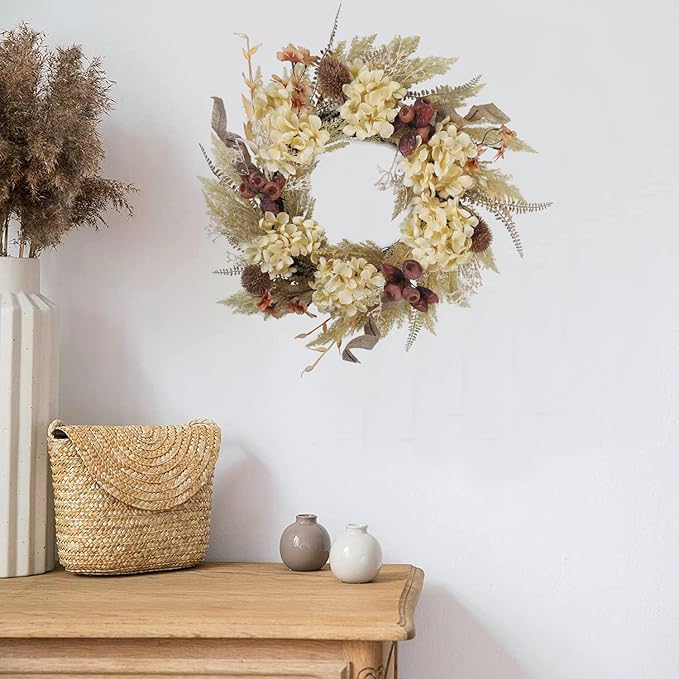 20 Inch Winter Fall Wreaths for Front Door, Boho Front Door Wreath, Fake Dried Hydrangea Flowers, Burlap, Pampas Fall Decorations for Home Farmhouse Front Porch