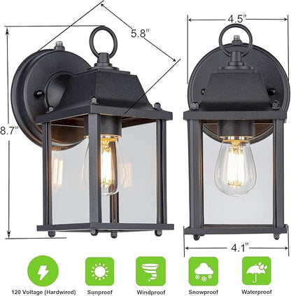 LIT-PaTH Dusk to Dawn Outdoor Wall Lantern, Wall Sconce, Waterproof Proch Light Fixture E26 Base, Aluminum Housing Glass Shade, Outdoor Rated, 2-Pack, Black
