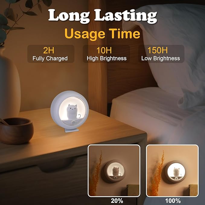 Attivolife Cat Motion Sensor Night Light, Cute Cat Magnetic LED Rechargeable Lamp with Dimmable, Portable Room Bedroom Bathroom Kitchen Wardrobe Stair Locker Wall Decor Lamp for Kid Teen(White x 2)