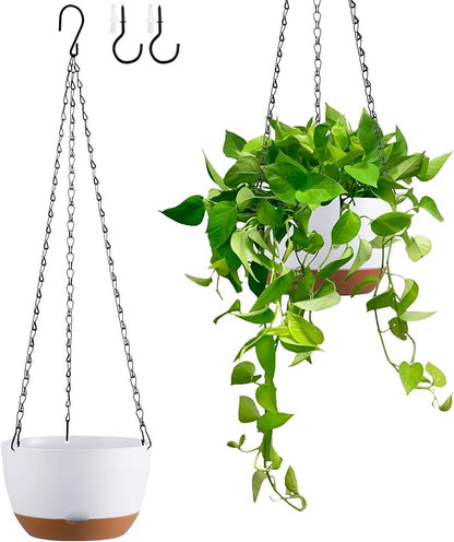 Set of 2 8 Inch Self Watering Hanging Planters for Indoor Outdoor Plants, Color Blocking Hanging Baskets Flower Pots with Drainage Hole & Removable Water-Storage Tray and 20" Chain Hanger