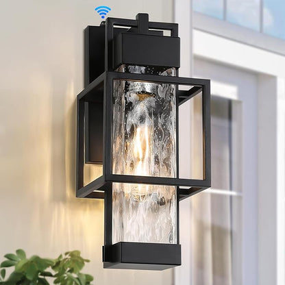 SHIMR Outdoor Wall Lights Dusk to Dawn Light Fixture with Water Glass, Modern Outdoor Sconce Lights 15" H Porch Lights with Black Finish, Waterproof Exterior Wall Light, Bulb Included