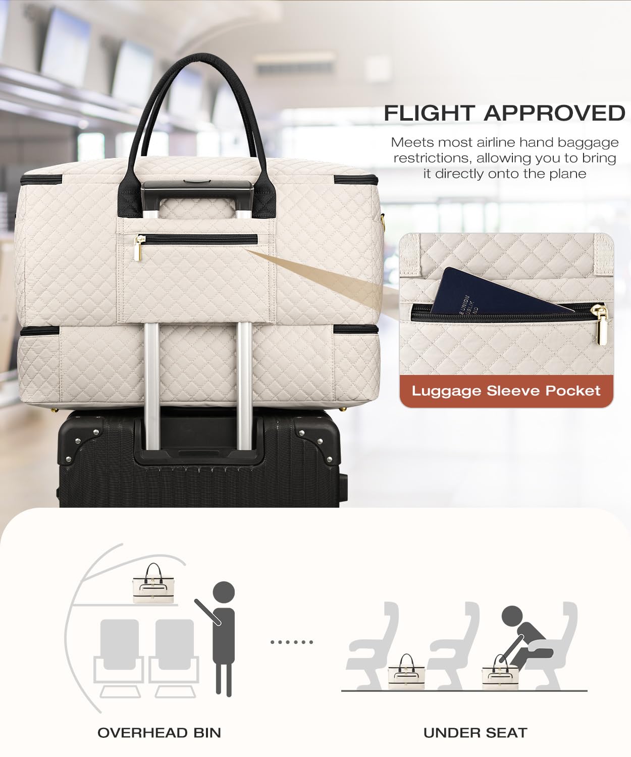 CLOKARS Travel Duffle Bag, Wide Open Large Weekender Bag for Women with Shoe Compartment, Carry on Overnight Bags with Toiletry Bag, Hospital Bag for Women Labor Delivery with Wet Pocket (Beige Black)