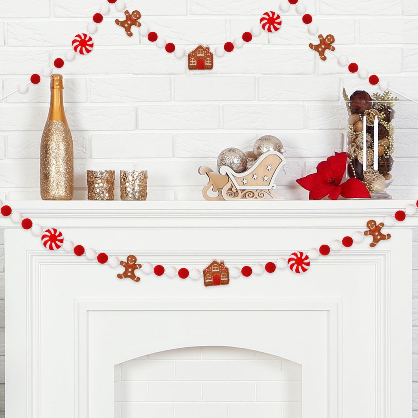 JarThenaAMCS 8.2Ft Christmas Felt Banner Hanging Garland 3D Gingerbread Man & House Red White Pom Ball Banner for Home Mantel Wall Window Decor Party Supplies