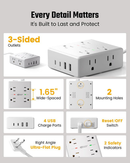 25Ft Long Extension Cord, Flat Plug Power Strip with 8 Outlets & 4 USB Ports (2 USB C), Wall Mountable Surge Protector, Desk Charging Station for Home Office, Dorm Room Essentials