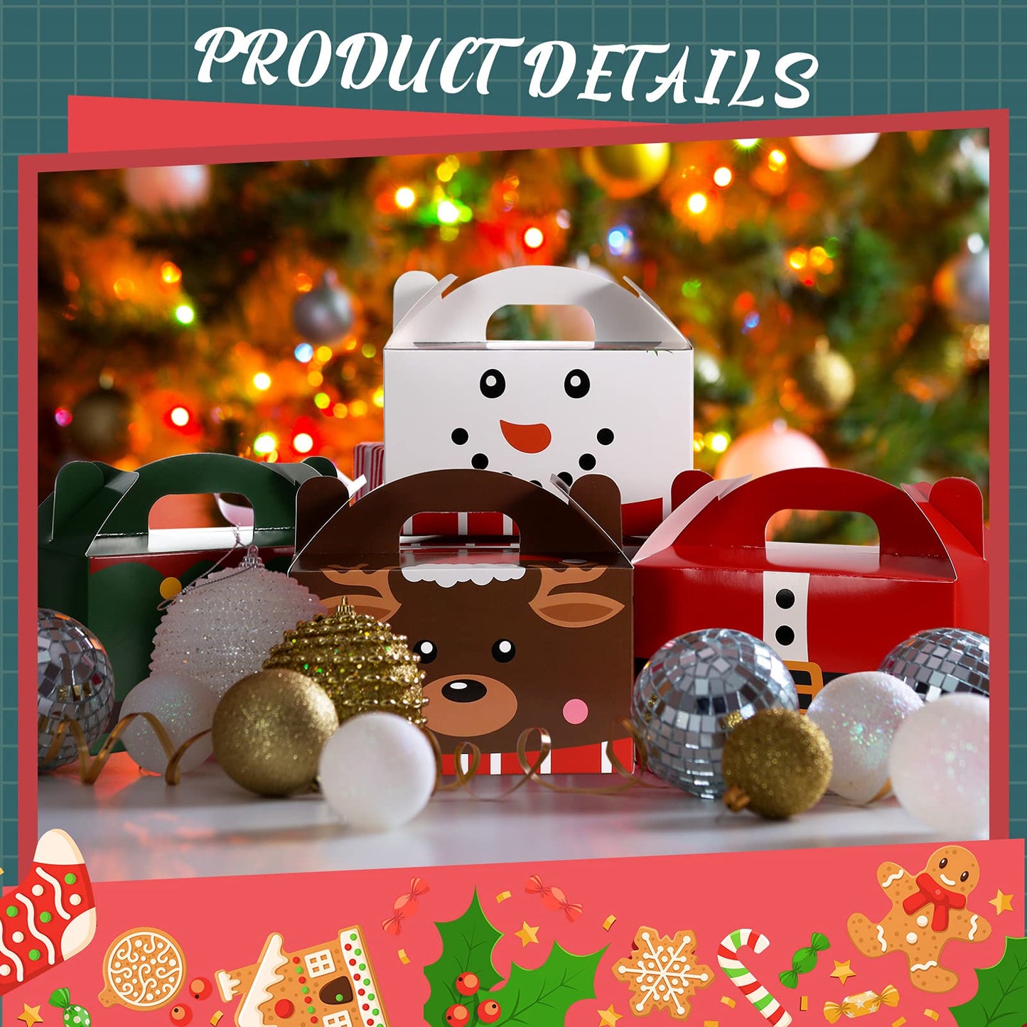 Clabby 24 Pcs Christmas Treat Boxes with Handles 3D Christmas Cookie Gift Boxes Cardboard Goodie Candy Bags Xmas Santa Elf Snowman Elk Gingerbread Holiday Party Favor Supplies, 4 Design(Cute Style)