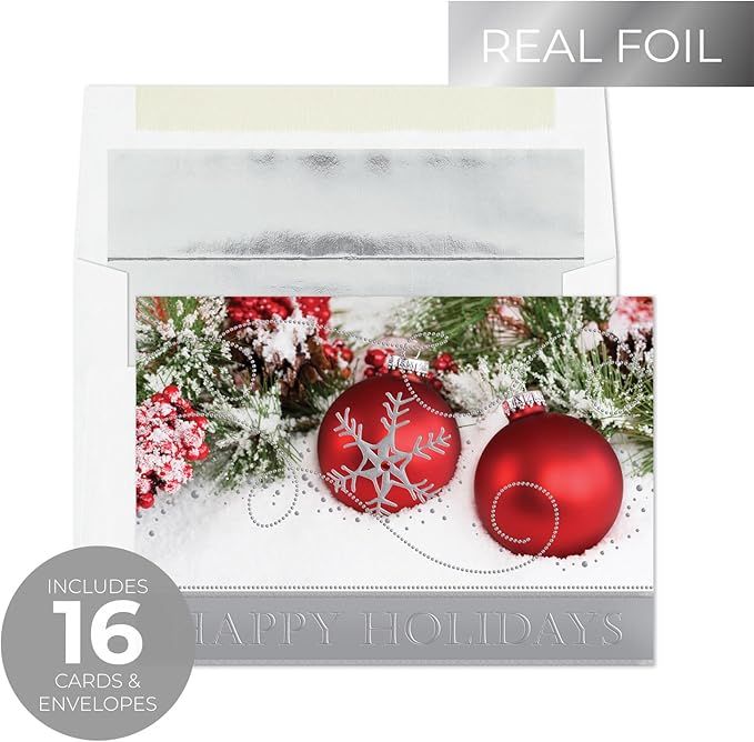 Masterpiece Holiday Ornament Sparkle Christmas Cards / 16 Boxed Holiday Card Set With Silver Foil Accents And Coordinating Envelopes / 5 5/8" x 7 7/8" Folded Winter Holidays Greeting Cards With Inside